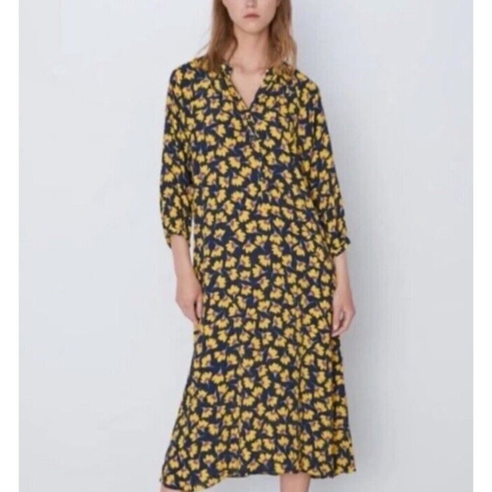 Zara Collection Yellow Navy‎ Floral Boho Button Front Midi Dress Size Small